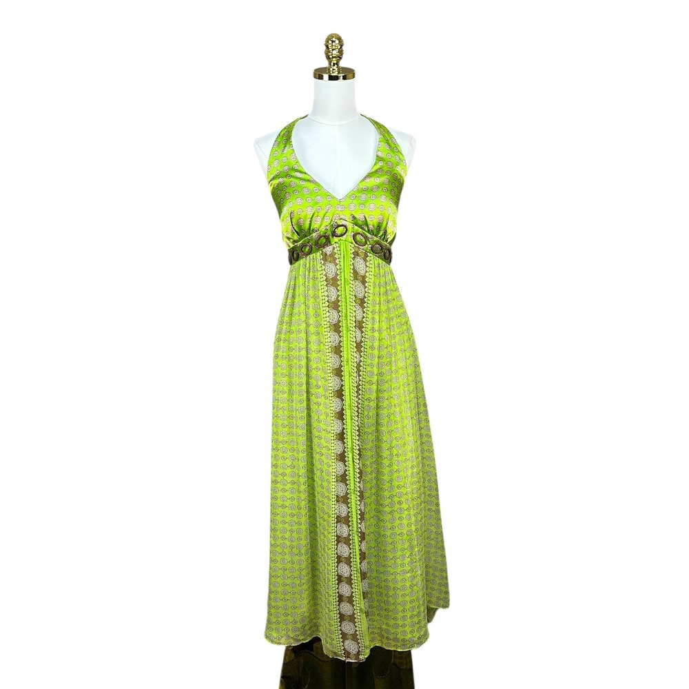 Y2K Lime Green Floral Medallion Halter Maxi Dress with Ring Trim Empire Waist